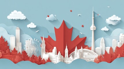 Illustration Anniversary celebration Canada day in maple leaf flag background with Travel landmarks architecture of Canada in Toronto and Ontario, in paper art, paper cut style. Vector illustration 