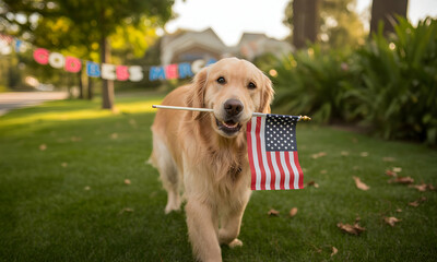 Golden Retriever Dog Carrying American Flag During Fourth of July Celebration Outdoors