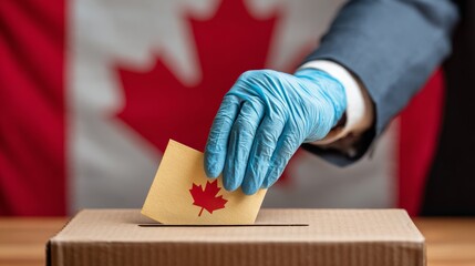 Person wearing suit casting vote in ballot slot,hand in blue PPE protective surgical glove dropping paper in box with CANADIAN flag,COVID-19 protection & polling station social distancing 