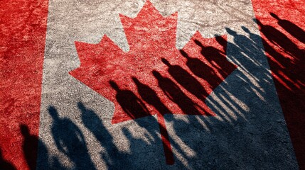 The National Flag of Canada and shadows of people, concept picture 