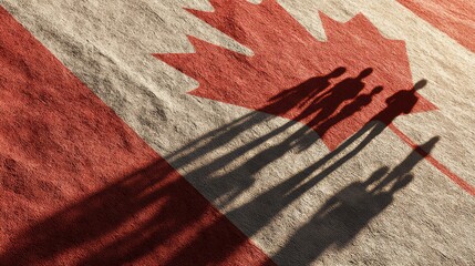 The National Flag of Canada and shadows of people, concept picture 