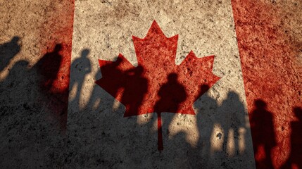 The National Flag of Canada and shadows of people, concept picture 
