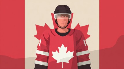 Vector illustration of Canadian hockey player. Canadian athlete wearing hockey uniform and helmet against Canada flag. Representation of nationality and culture. Vector illustration in flat style 