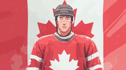 Vector illustration of Canadian hockey player. Canadian athlete wearing hockey uniform and helmet against Canada flag. Representation of nationality and culture. Vector illustration in flat style 