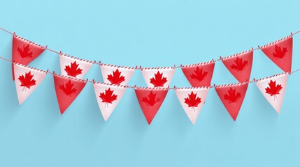 Victoria Day in Canada banner, bunting garland, string of triangular flags with red maple leaf, pennants, vector design element