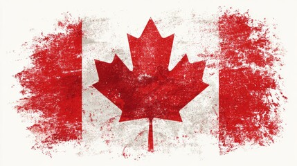 A faded grunge effect horizontal old smudged Canada Flag maple leaf flag design printed on white corner of a grungy vibrant bright painted red backgrounds 