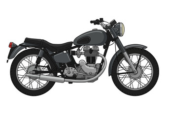 Fototapeta premium Gray motorcycle with a rounded headlight exposed engine black seat and spoked wheels against a white background