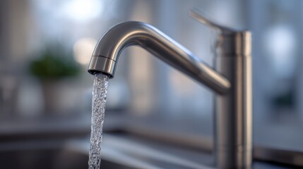 Water flows from a modern kitchen faucet in a bright and airy indoor space during daylight hours