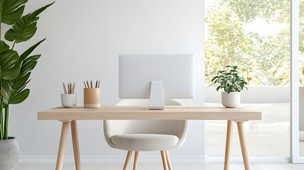 Modern Minimalist Office Desk with Laptop and Plant