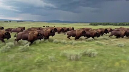 running bison herd grassland storm clouds - Powered by Adobe