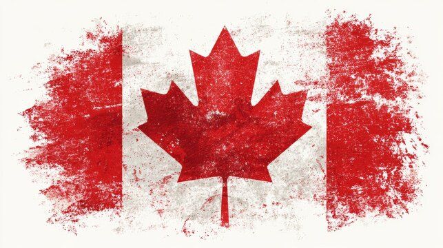 A faded grunge effect horizontal old smudged Canada Flag maple leaf flag design printed on white corner of a grungy vibrant bright painted red backgrounds  - Powered by Adobe
