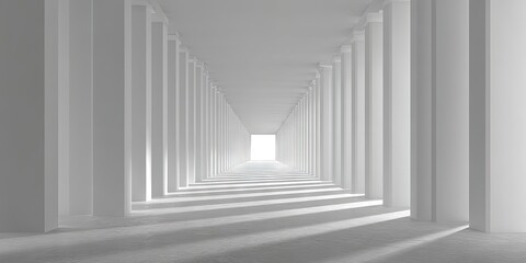 Fototapeta premium A long, light-filled colonnade with numerous white columns receding to a bright opening at the far end, casting soft shadows on the floor