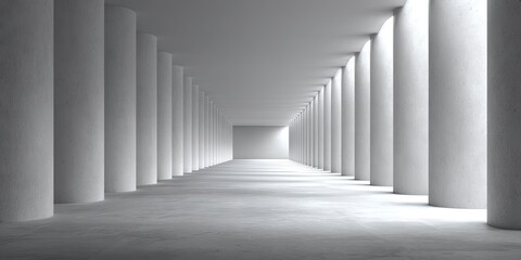 Fototapeta premium A long, light-filled corridor with numerous cylindrical columns on either side, converging towards a bright, distant end