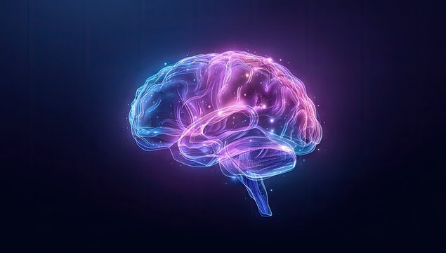 A luminous, ethereal brain rendered in vibrant pink and blue hues against a deep navy backdrop, showcasing intricate neural pathways - Powered by Adobe
