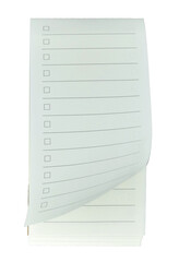 A blank notebook with a curved sheet of paper at the corner on transparent background png file