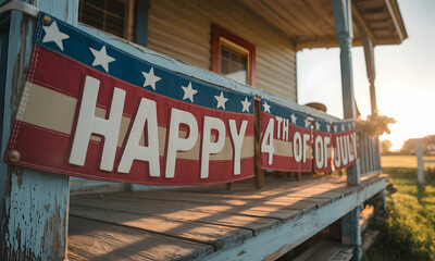 Obraz premium Patriotic Fourth of July Banner Hanging on Rustic Porch with Sunset Lighting