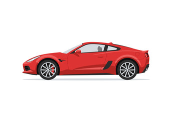 Red sports car side view with distinct wheels and sleek design