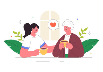 Elderly Care Services Vector Illustration Featuring Life with a Caregiver, Nursing Home, Assisted Living, and Support in a Flat Style Background