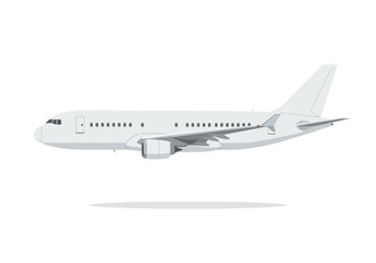 White airplane with engines below wing Shadow below