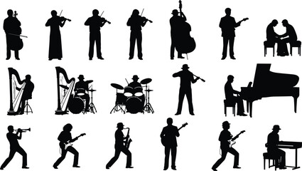 Silhouettes of musicians, people playing instruments, orchestra, jazz band, piano, guitar, drums, music performance vector illustration, concert scene