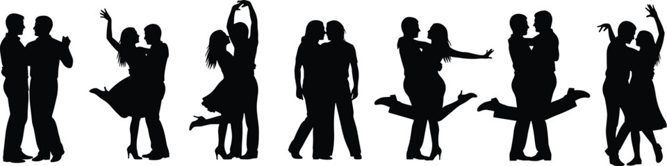 Silhouette of romantic couples dancing, hugging, kissing, in love poses, intimate gestures, passionate embrace, relationship expression, isolated vector illustration