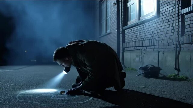Detective inspects eerie alleyway crime scene with focused flashlight beam
