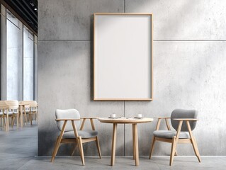 A minimalist cafe scene featuring a large blank poster on a concrete wall, two light grey upholstered chairs and a small wooden table with two cups