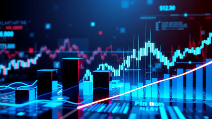 Global Financial Growth Chart with Digital Blue World Map and Stock Data Visualization
