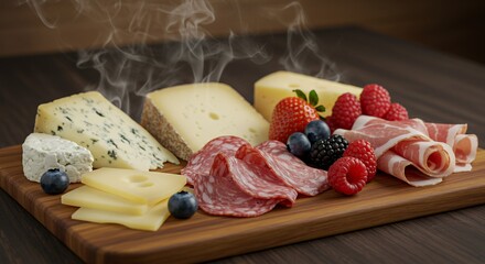 Indulge in this gourmet cheese and charcuterie board, a symphony of flavors and textures, artfully arranged with fresh berries and a hint of steam, promising a delectable experience.