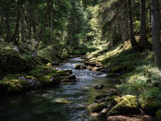 Obraz premium A Winding Mountain Stream Through An Evergreen Forest