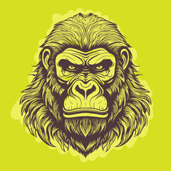 Angry Gorilla Head Illustration in Bold Black Line Style with Intense Expression on Bright Green Background