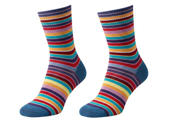 Pair of Multicolored Striped Socks on Transparent Background Isolated PNG