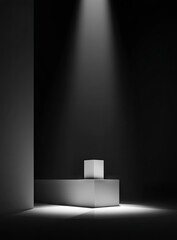 A minimalist scene a single white cube rests atop a rectangular platform, illuminated by a dramatic spotlight in an otherwise dark, stark room