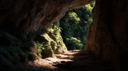 An Ancient Rock Cave Entrance Is Mysterious And Inviting