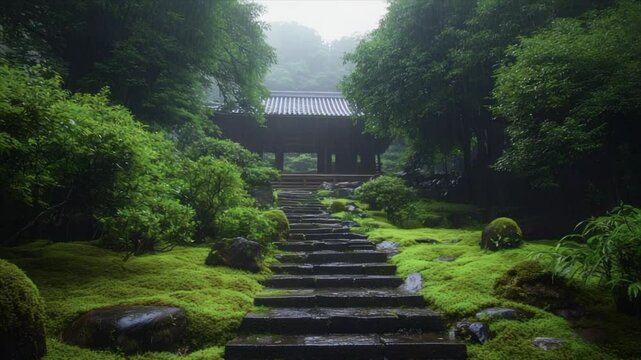 The Japanese style garden of the temple features stone steps leading to an ancient building surrounded by lush greenery and moss-covered stones in the misty rain