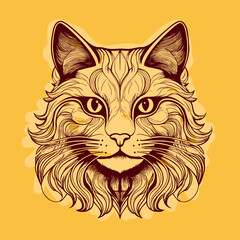 Decorative Cat Face Line Drawing with Detailed Fur and Whiskers in Artistic Style on Yellow Background