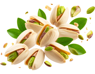 A cluster of shelled pistachios with leaves and shell fragments, suggesting freshness and natural goodness