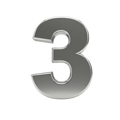 Metallic Silver Number Three 3d Render on Transparent Background
