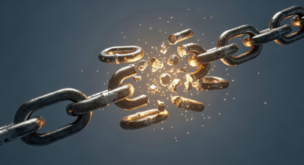 A chain link shatters into fragments, surrounded by glowing particles, symbolizing freedom, breaking barriers, and overcoming limitations.