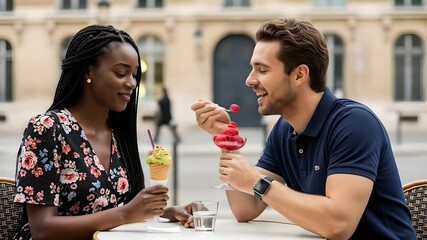Couple shares ice cream at cafe, enjoying romantic moment. Summer love, urban lifestyle, sweet treat, travel destination, dating, relationship concepts. Eating, leisure, outdoor dining.