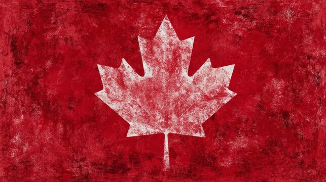 A faded grunge effect horizontal old smudged Canada Flag maple leaf flag design printed on a grungy vibrant bright red backgrounds