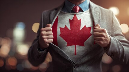 Businessman stretching suit with Canada Flag on bokeh background 
