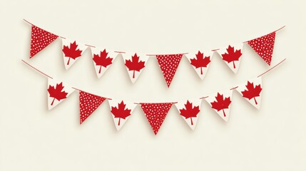 Fototapeta premium Canada Day decoration, flag of Canada, bunting garland, string of triangular flags for outdoor party, red maple leaf, pennant, retro style vector illustration