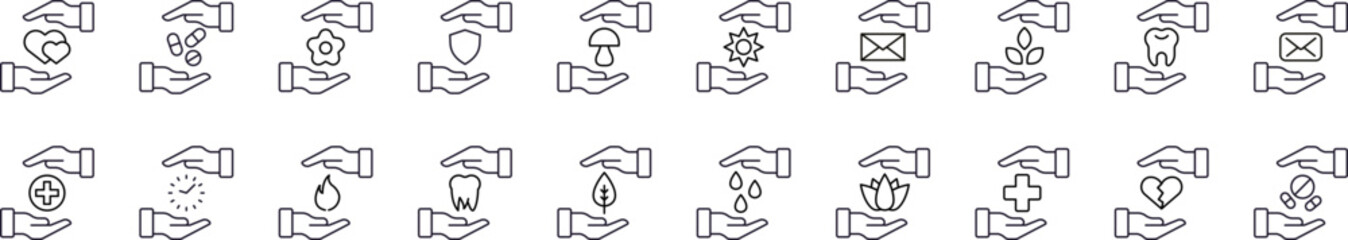 Health Care, Nature, Time, Envelope between Hands Simple Icon Collection. Editable Stroke. Perfect for Graphics, Designs, Books, Adverts, Apps