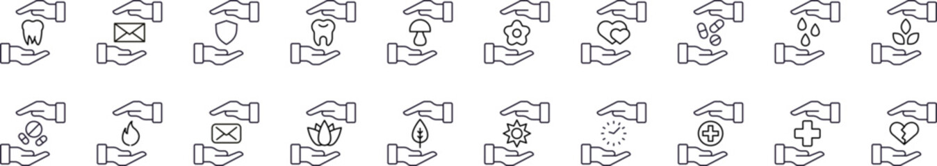 Health Care, Nature, Time, Envelope between Hands Related Line Icon Collection. Editable Stroke. Perfect for Graphics, Designs, Books, Adverts, Apps