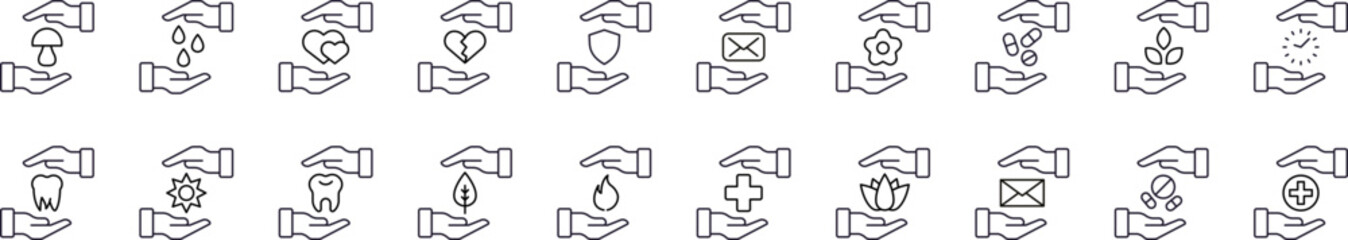 Health Care, Nature, Time, Envelope between Hands Outline Sign Collection. Editable Stroke. Perfect for Graphics, Designs, Books, Adverts, Apps
