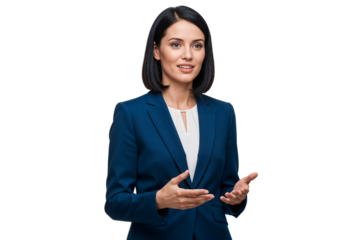 Professional businesswoman in blue suit explaining or presenting with open hand gestures, good for corporate, leadership, or communication themes