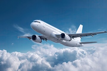 Naklejka premium A pristine white passenger jet soars gracefully above a dense, fluffy cloud layer under a vibrant blue sky