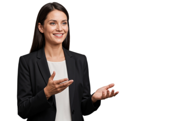 Confident business Executive woman explaining with hand gestures, isolated on transparent background. Ideal for presentations, communication, and business concepts