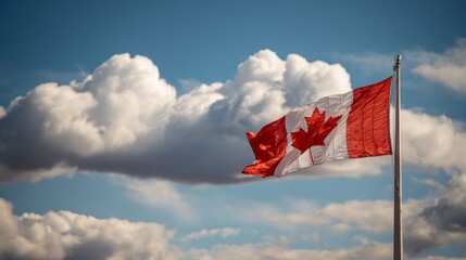 Canadian Flag flailing in the wind. Blue sky with clouds in background